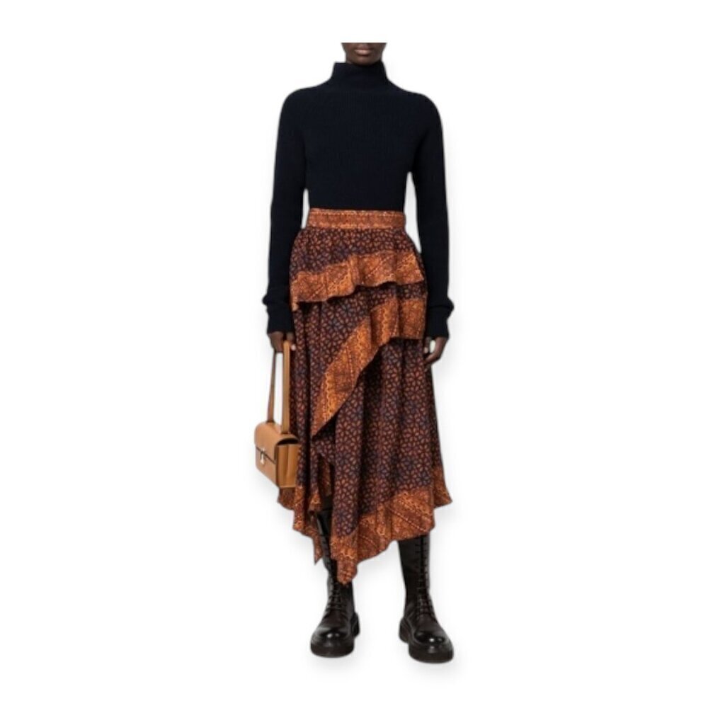 Ulla Johnson Silk Omila Skirt in Agate, Size 2, Brown burgundy multi, New with